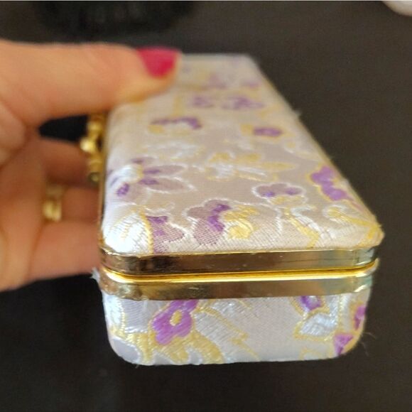 VTG Asian Silk Wrapped Floral Gold Purple Travel Jewelry Box with Mirror - Picture 6 of 15
